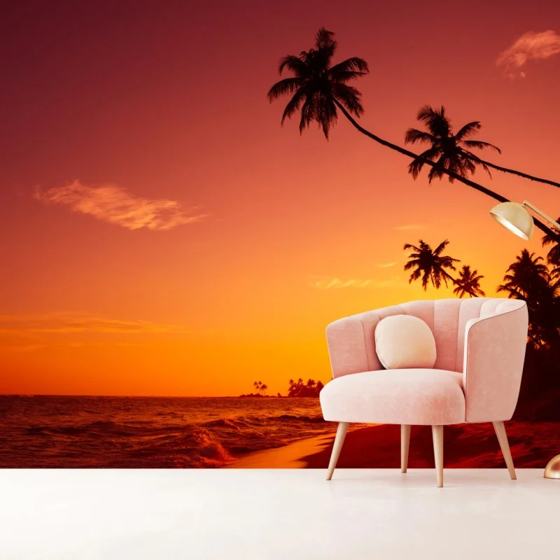 Carta da parati tramonto tropicale con palme in silhouette