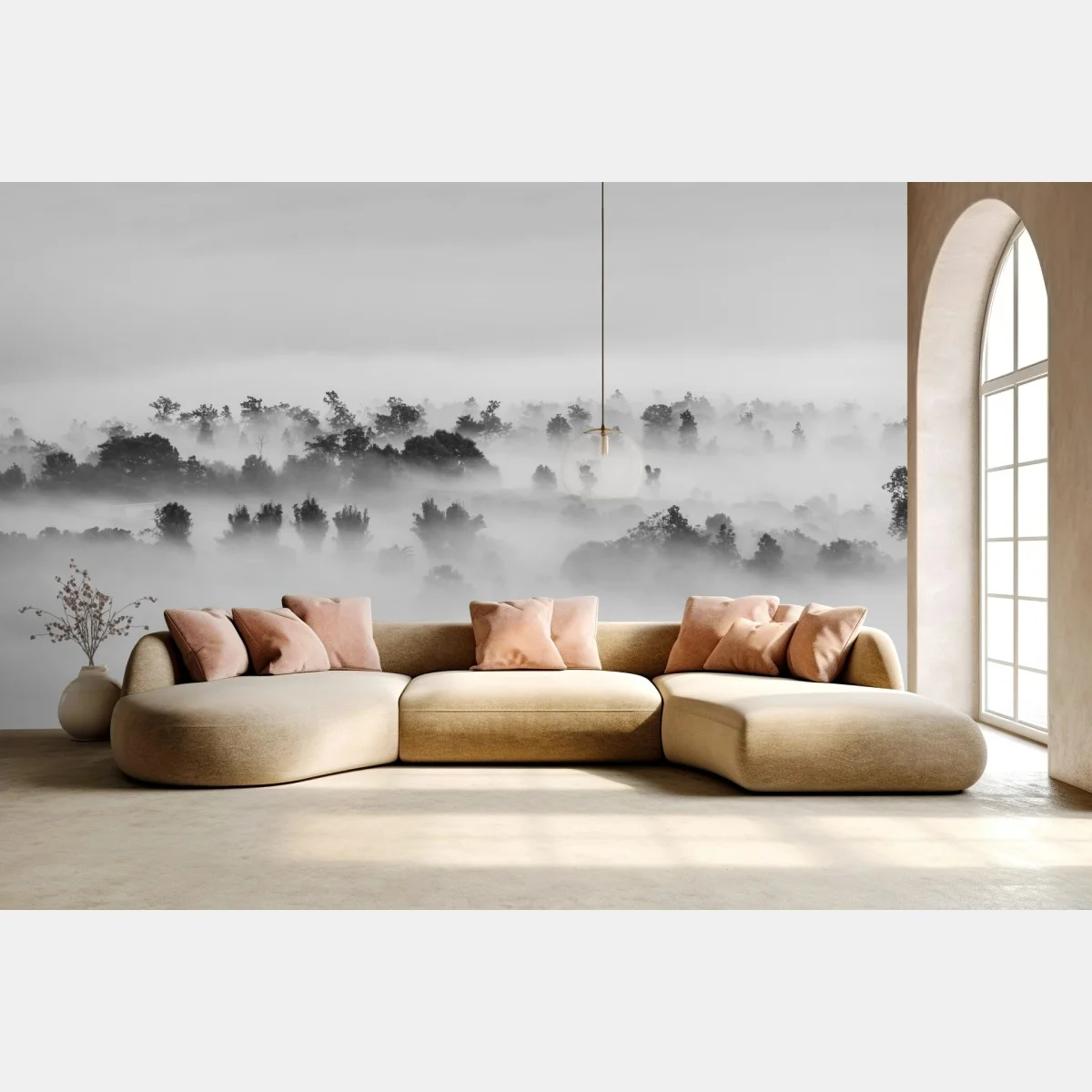 Carta da parati mare di nuvole sulla foresta - minimalismo in bianco e nero • Wallissimo® Carta da parati mare di nuvole sulla foresta - minimalismo in bianco e nero • Wallissimo®