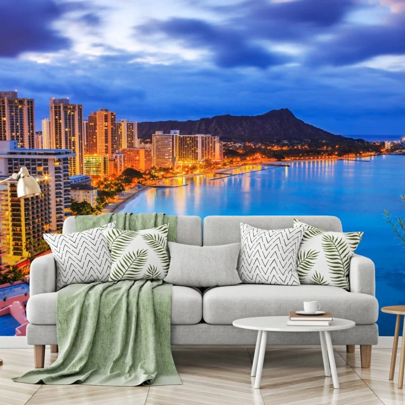 Carta da parati skyline di Honolulu con Diamond Head al tramonto