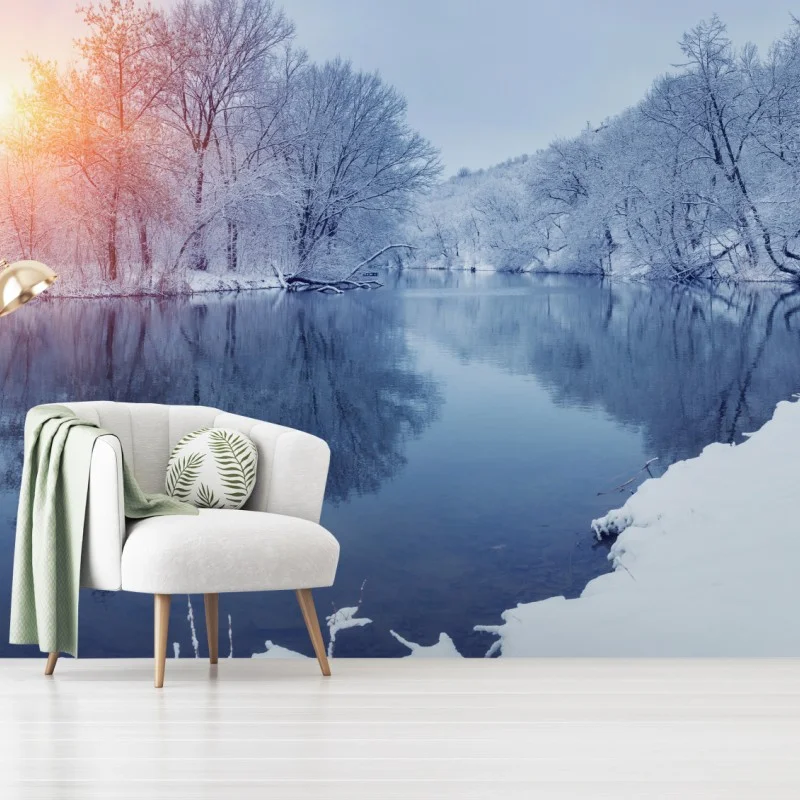 Carta da parati tramonto invernale sul fiume ghiacciato