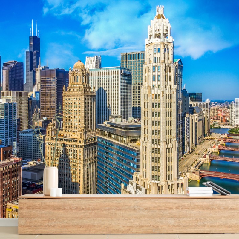 Carta da parati panorama urbano di Chicago sul fiume