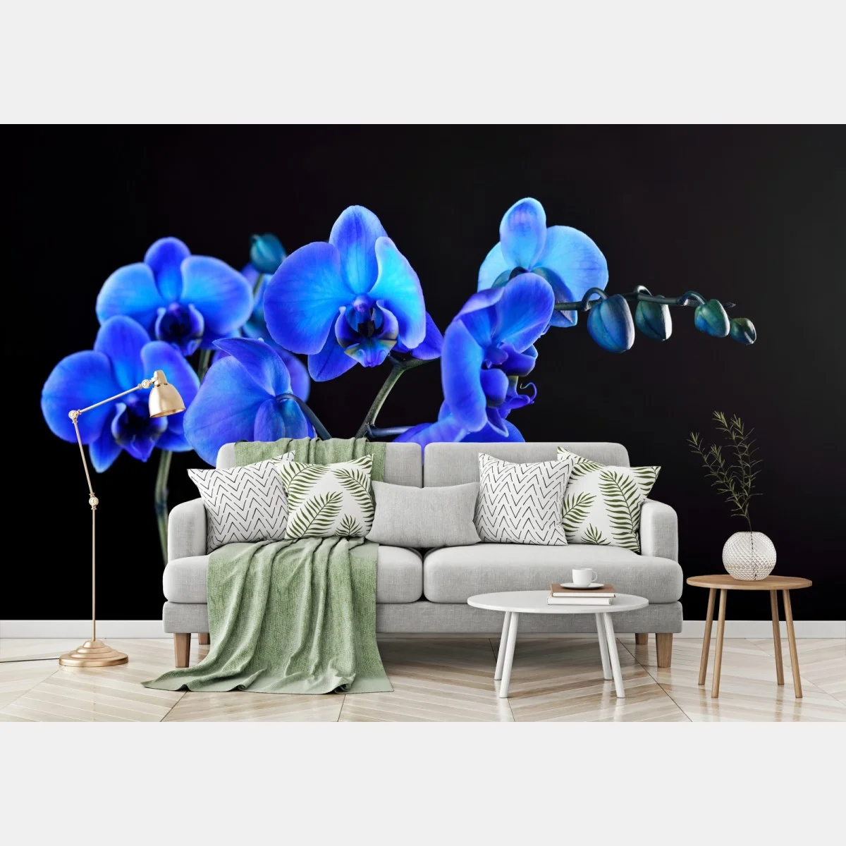 Carta da parati eleganza di orchidea blu su sfondo nero • Wallissimo® Carta da parati eleganza di orchidea blu su sfondo nero • Wallissimo®