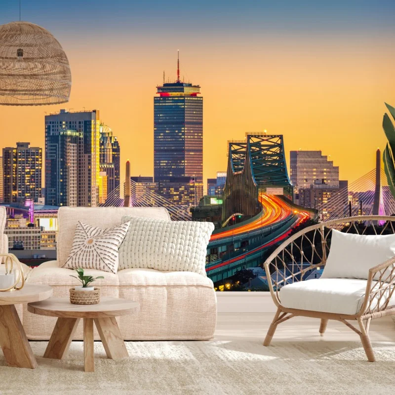 Carta da parati tramonto urbano sulla skyline di Boston con i ponti Zakim e Tobin • Wallissimo®