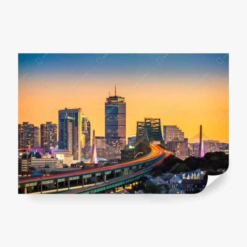 Carta da parati tramonto urbano sulla skyline di Boston con i ponti Zakim e Tobin • Wallissimo®