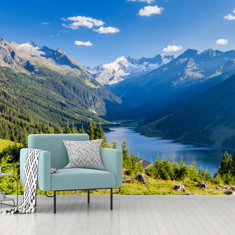 Carta da parati panorama alpino sul lago cristallino delle Alpi
