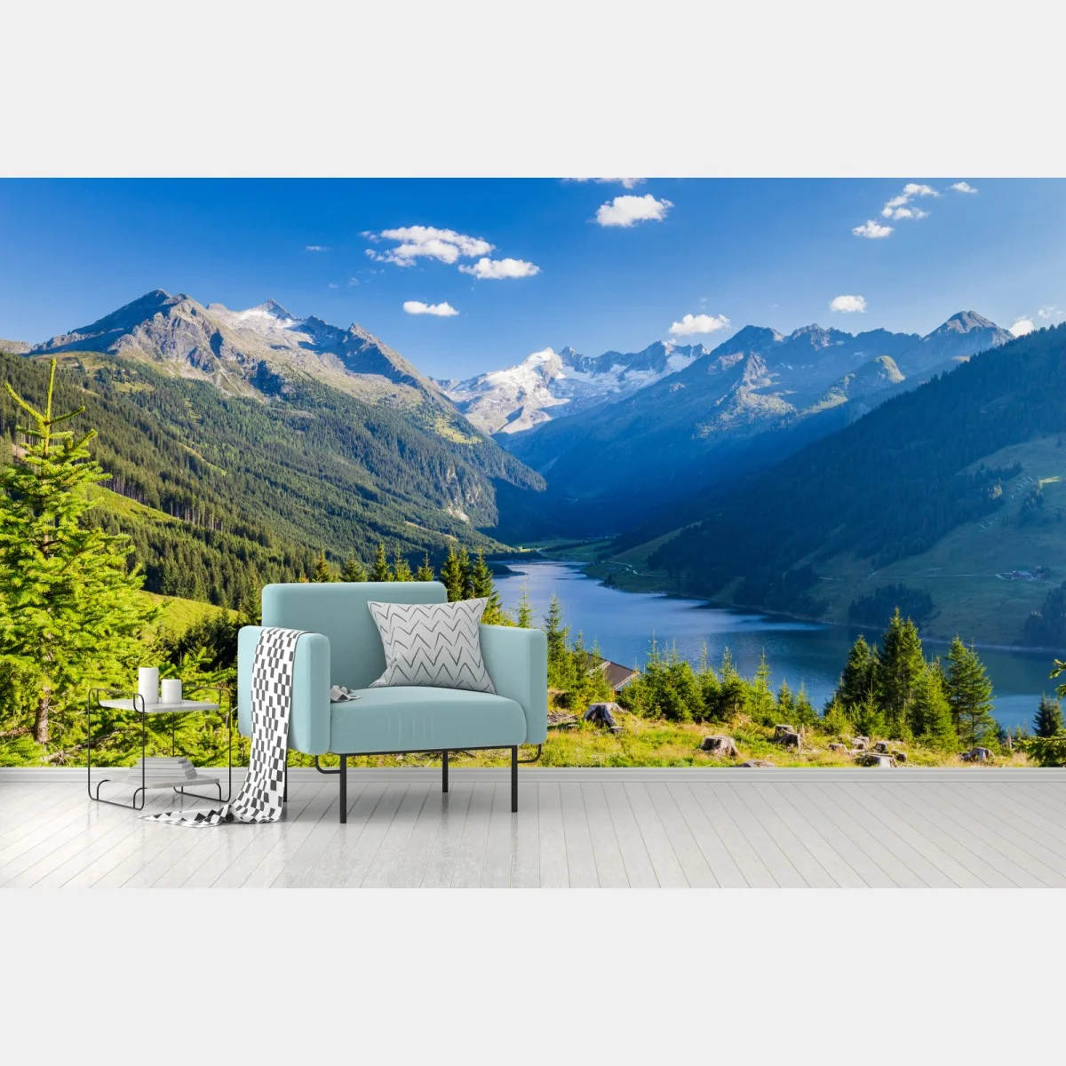 Carta da parati panorama alpino sul lago cristallino delle Alpi • Wallissimo® Carta da parati panorama alpino sul lago cristallino delle Alpi • Wallissimo®