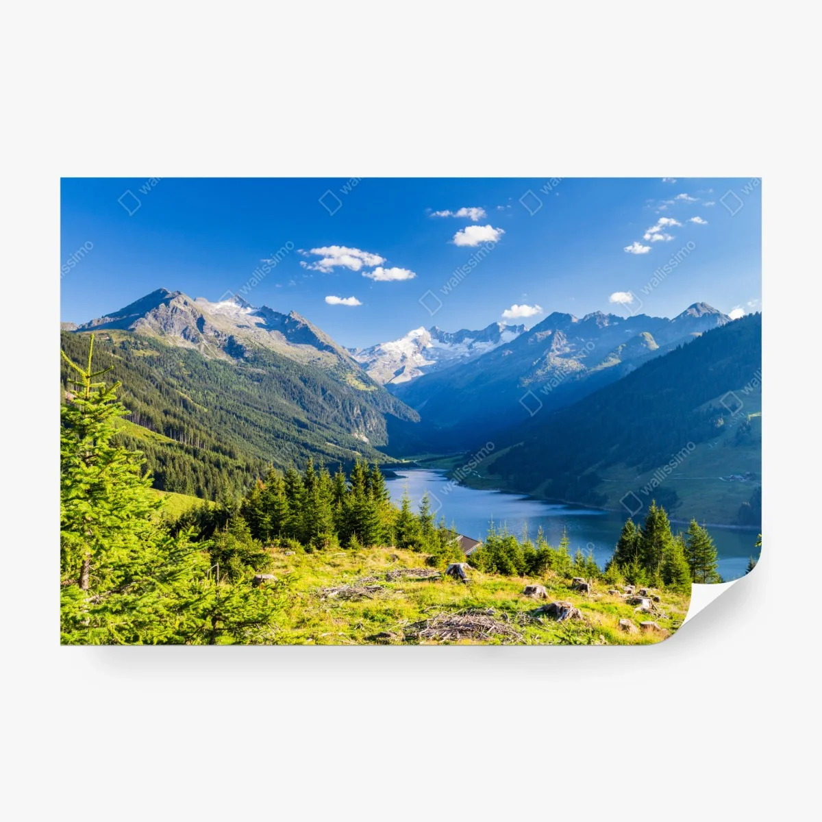 Carta da parati panorama alpino sul lago cristallino delle Alpi • Wallissimo® Carta da parati panorama alpino sul lago cristallino delle Alpi • Wallissimo®