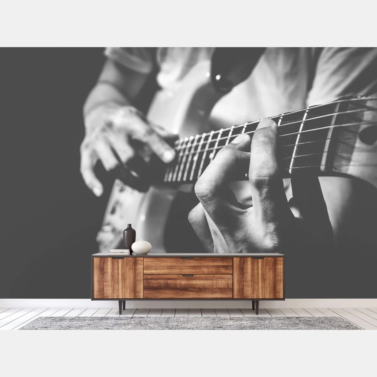 Carta da parati dettaglio di chitarra elettrica in bianco e nero • Wallissimo® Carta da parati dettaglio di chitarra elettrica in bianco e nero • Wallissimo®