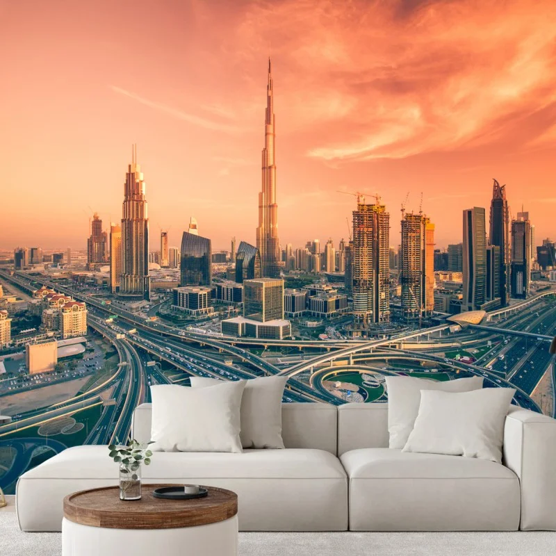 Carta da parati panorama urbano di Dubai al tramonto