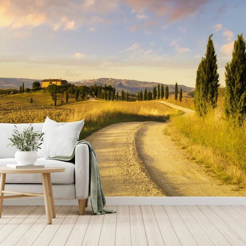 Carta da parati strada di campagna in Toscana al tramonto