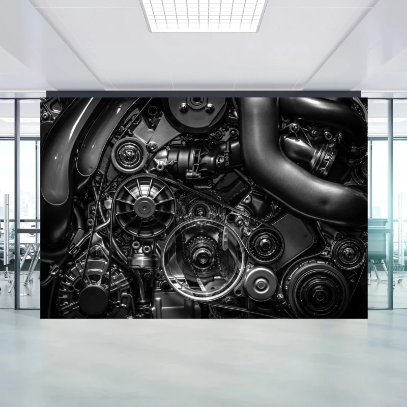 Carta da parati dettaglio di motore industriale in bianco e nero