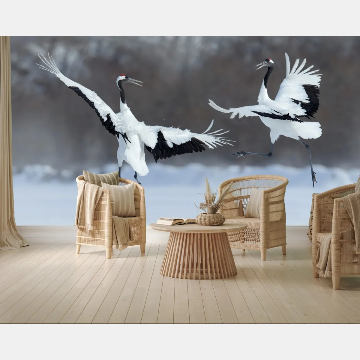 Carta da parati danza delle gru di Hokkaido nella neve • Wallissimo® Carta da parati danza delle gru di Hokkaido nella neve • Wallissimo®