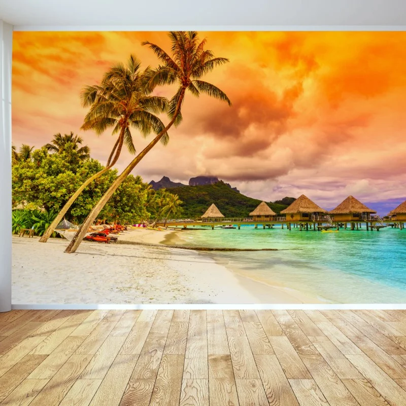 Carta da parati tramonto tropicale a Bora Bora con Monte Otemanu