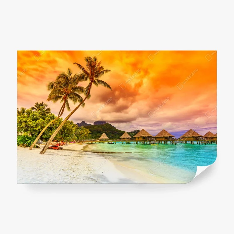 Carta da parati tramonto tropicale a Bora Bora con Monte Otemanu