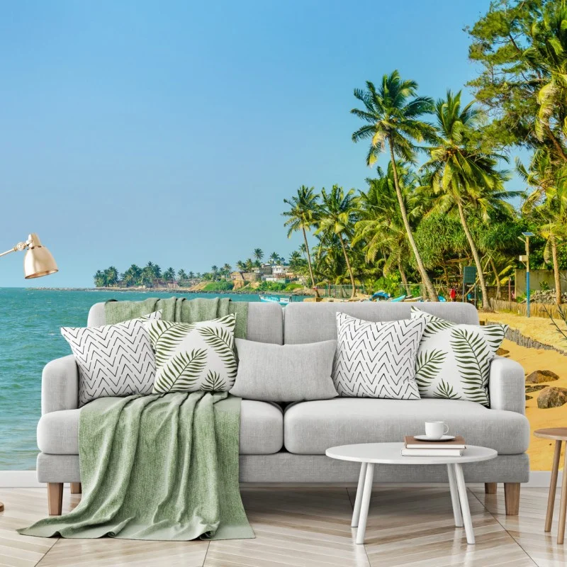 Carta da parati spiaggia tropicale con palme e barche