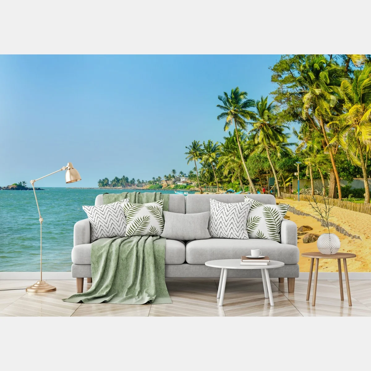 Carta da parati spiaggia tropicale con palme e barche • Wallissimo® Carta da parati spiaggia tropicale con palme e barche • Wallissimo®