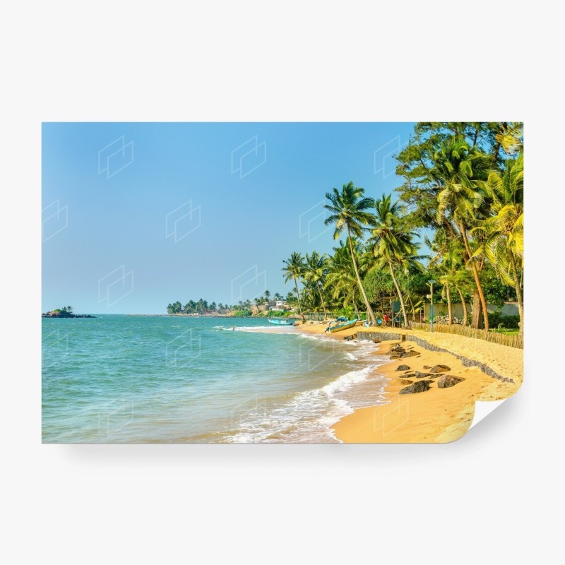 Carta da parati spiaggia tropicale con palme e barche
