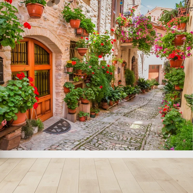 Carta da parati vicolo fiorito in Umbria