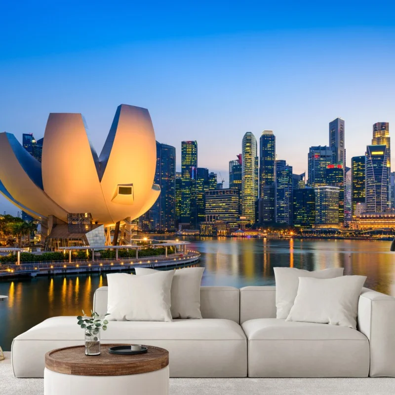 Carta da parati skyline di Singapore al crepuscolo con museo a forma di loto