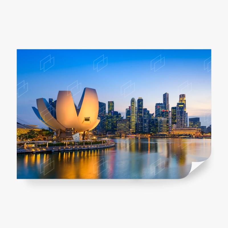 Carta da parati skyline di Singapore al crepuscolo con museo a forma di loto