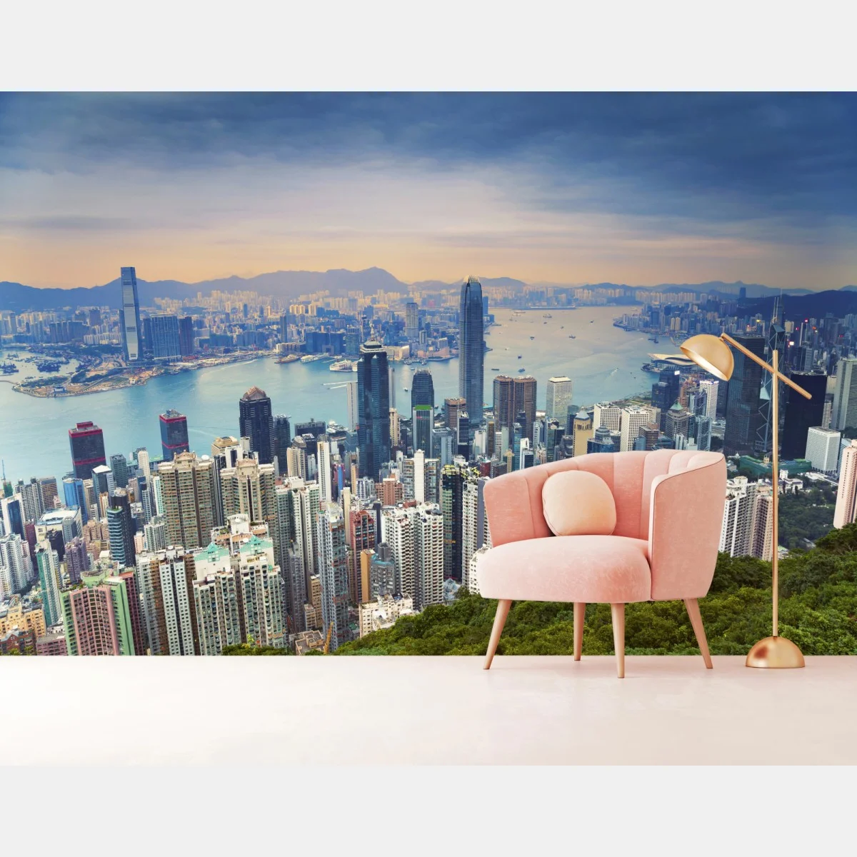 Carta da parati vista panoramica di Hong Kong al tramonto • Wallissimo® Carta da parati vista panoramica di Hong Kong al tramonto • Wallissimo®