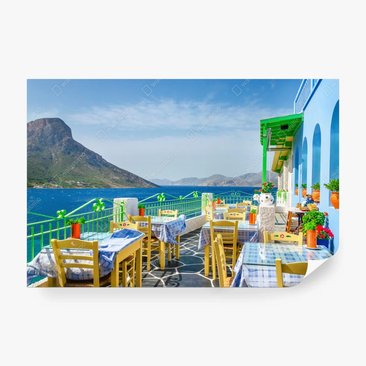 Carta da parati terrazza mediterranea con vista mare • Wallissimo®