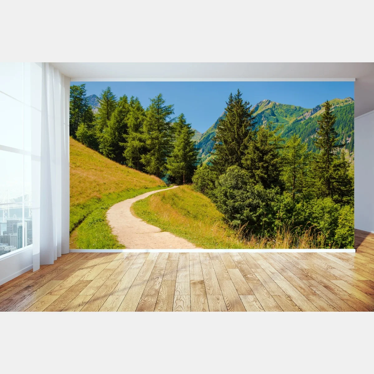 Carta da parati sentiero estivo tra i pascoli delle Alpi Svizzere • Wallissimo® Carta da parati sentiero estivo tra i pascoli delle Alpi Svizzere • Wallissimo®
