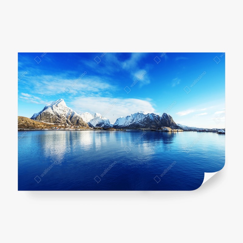 Carta da parati panorama innevato di Reine alle isole Lofoten, Norvegia