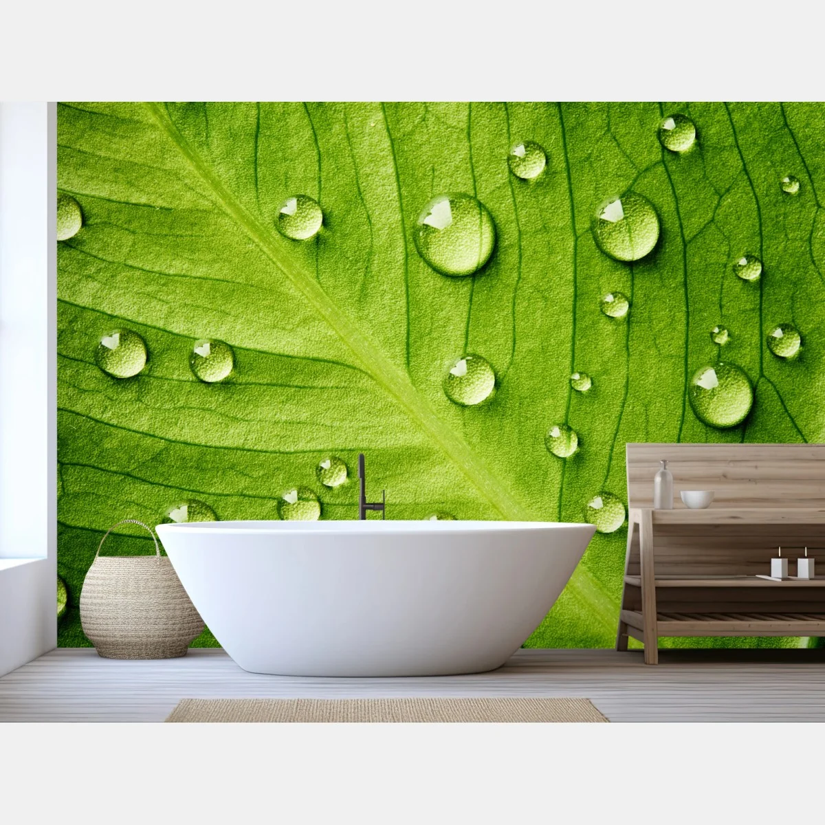 Carta da parati foglia verde con gocce d'acqua • Wallissimo® Carta da parati foglia verde con gocce d'acqua • Wallissimo®