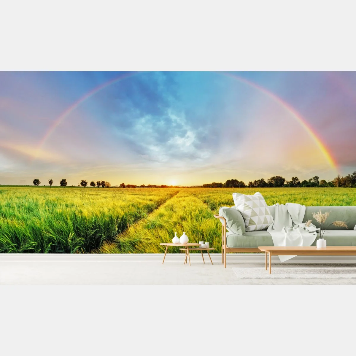 Carta da parati campo di grano sotto un arcobaleno al tramonto • Wallissimo® Carta da parati campo di grano sotto un arcobaleno al tramonto • Wallissimo®