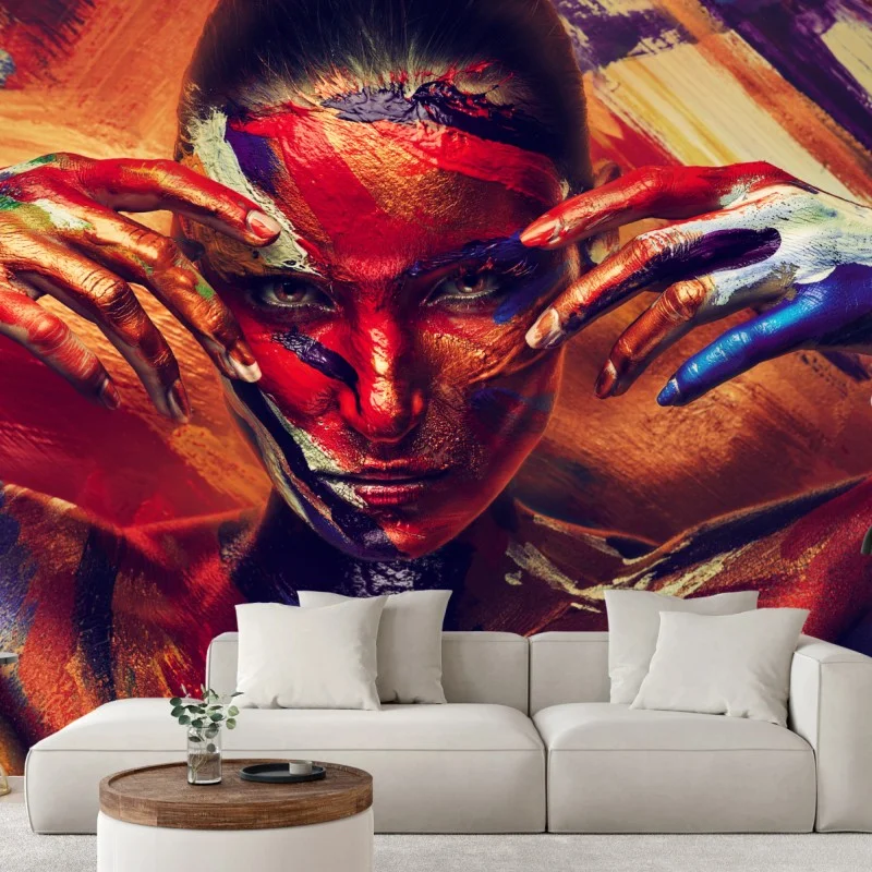 Carta da parati ritratto astratto di donna con body painting vivace