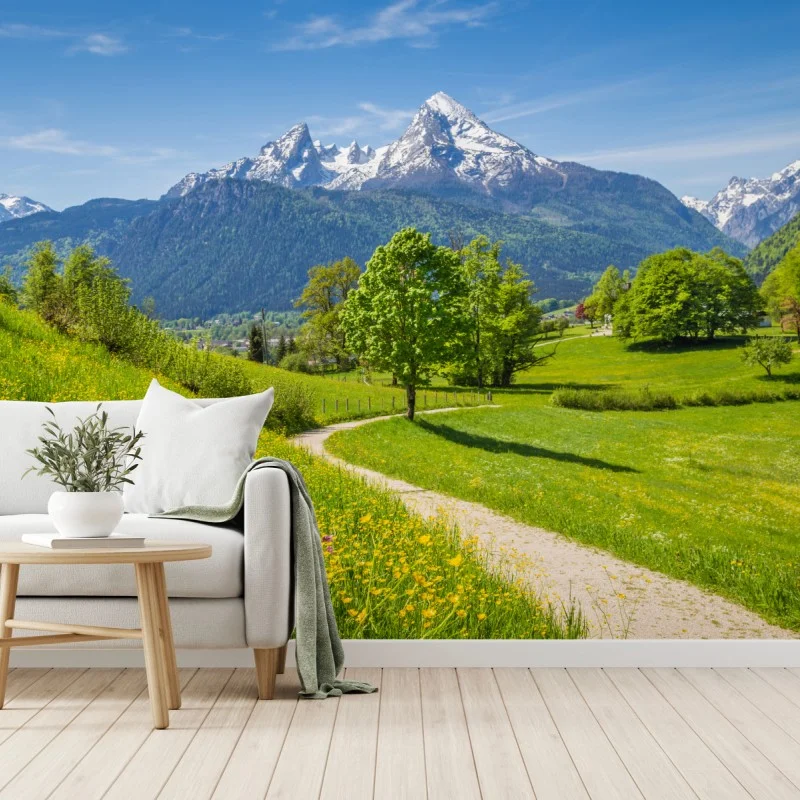 Carta da parati paesaggio alpino con sentiero fiorito