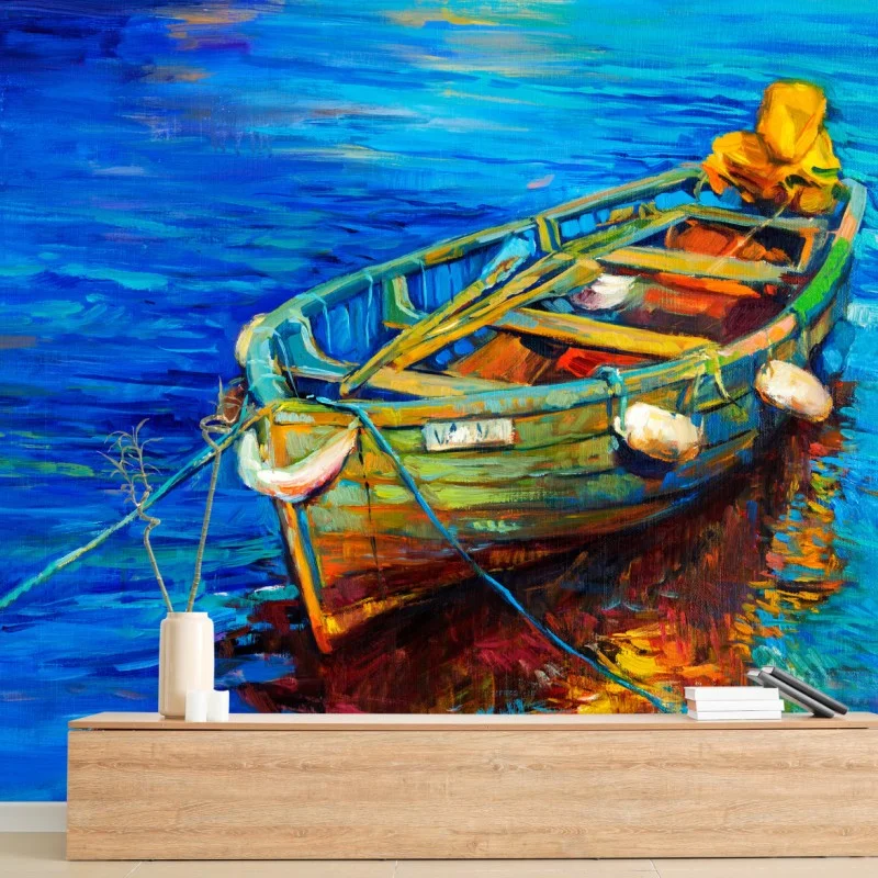 Carta da parati barca colorata al tramonto sul mare