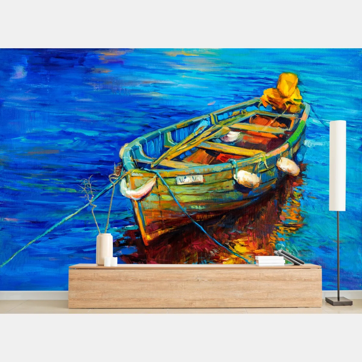 Carta da parati barca colorata al tramonto sul mare • Wallissimo® Carta da parati barca colorata al tramonto sul mare • Wallissimo®