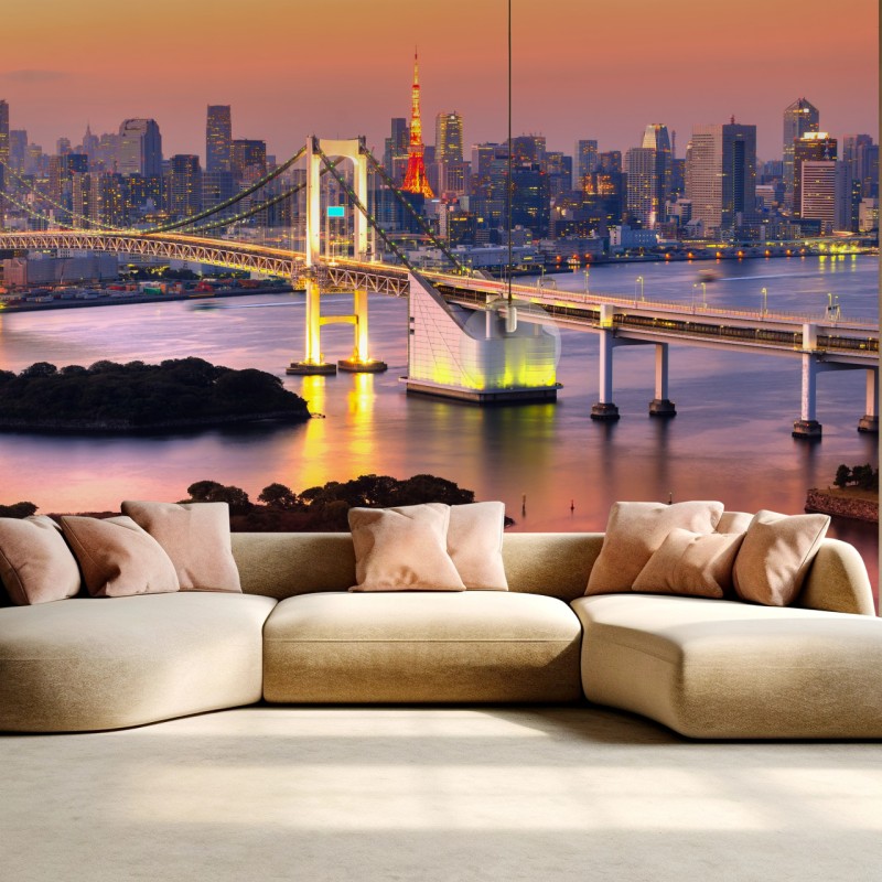 Carta da parati tramonto sullo skyline di Tokyo con Rainbow Bridge e Tokyo Tower
