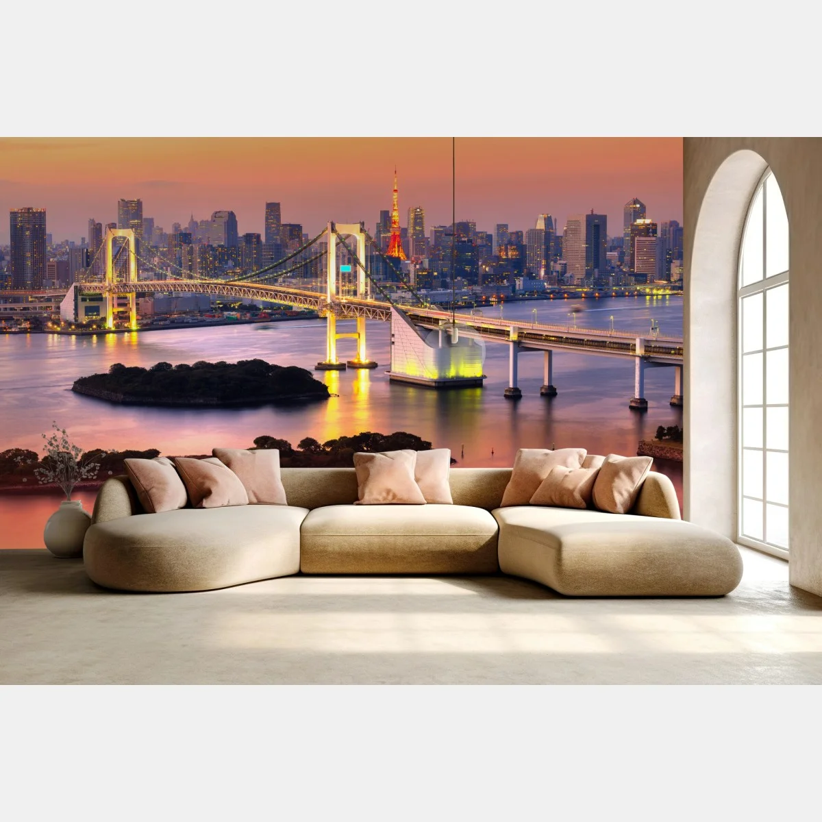 Carta da parati tramonto sullo skyline di Tokyo con Rainbow Bridge e Tokyo Tower • Wallissimo® Carta da parati tramonto sullo skyline di Tokyo con Rainbow Bridge e Tokyo Tower • Wallissimo®