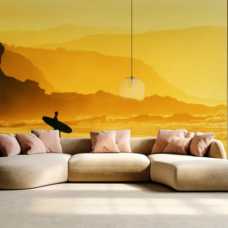 Carta da parati silhouette dorata: surfista al tramonto