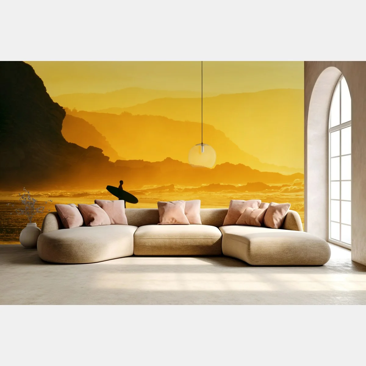 Carta da parati silhouette dorata: surfista al tramonto • Wallissimo® Carta da parati silhouette dorata: surfista al tramonto • Wallissimo®