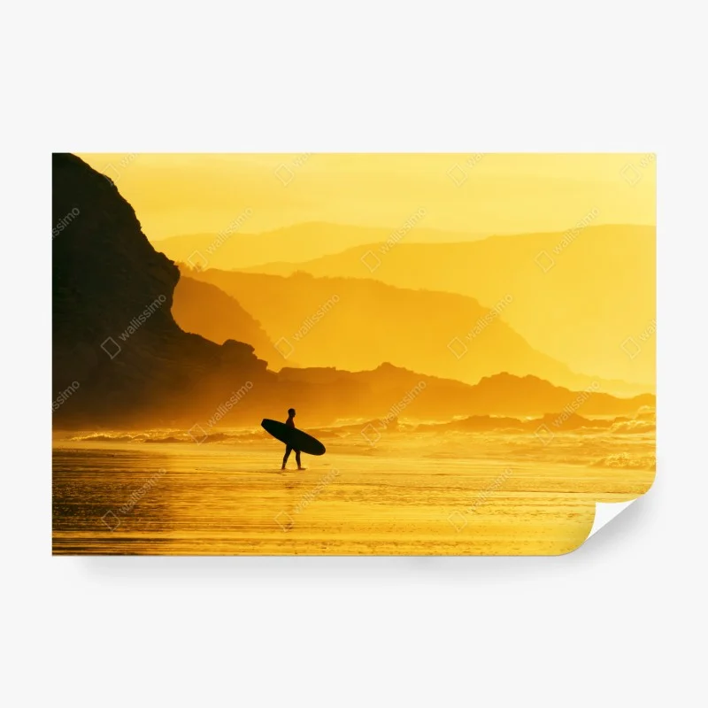 Carta da parati silhouette dorata: surfista al tramonto