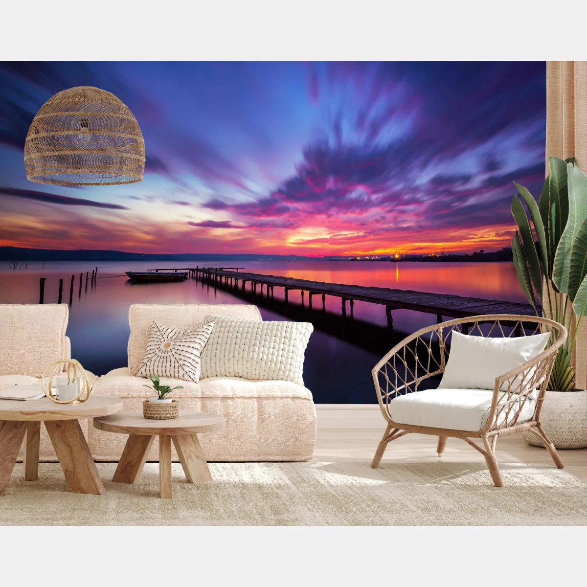 Carta da parati molo al tramonto sul lago dai colori vividi • Wallissimo® Carta da parati molo al tramonto sul lago dai colori vividi • Wallissimo®