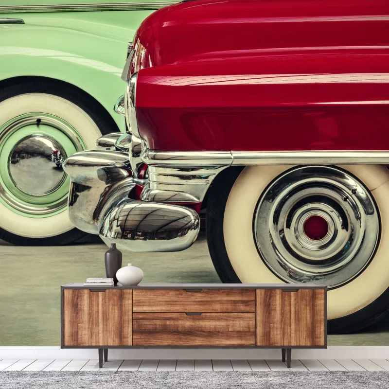 Carta da parati dettaglio retrò: ruote e cromature di auto d'epoca