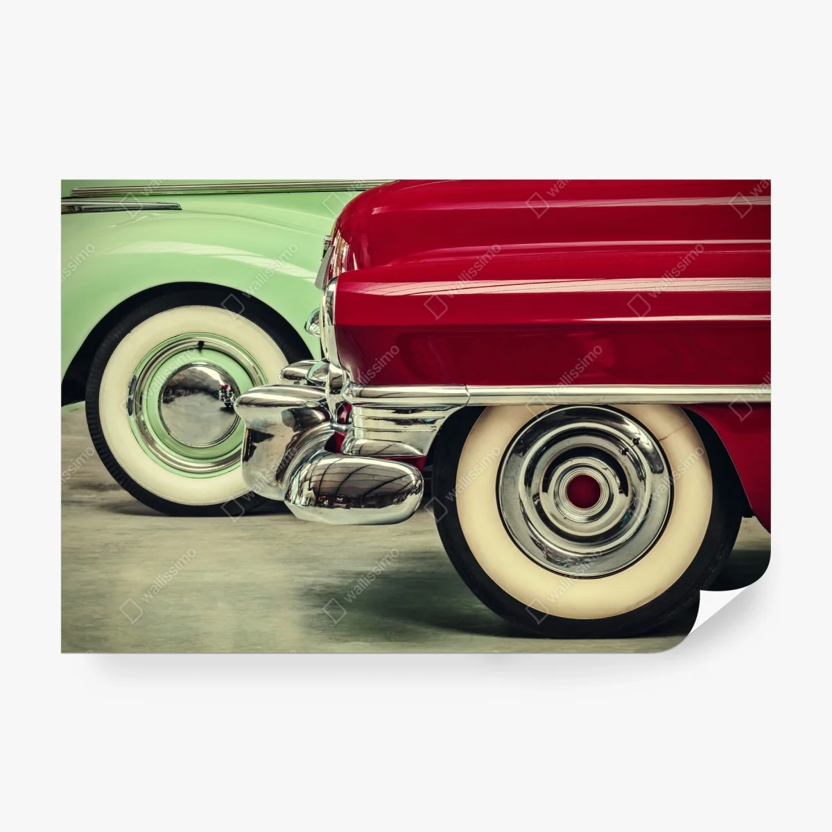 Carta da parati dettaglio retrò: ruote e cromature di auto d'epoca • Wallissimo®