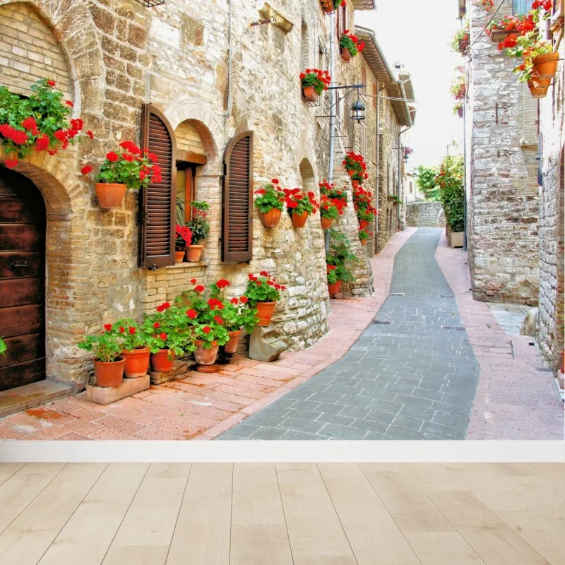 Carta da parati vialetto fiorito nel borgo