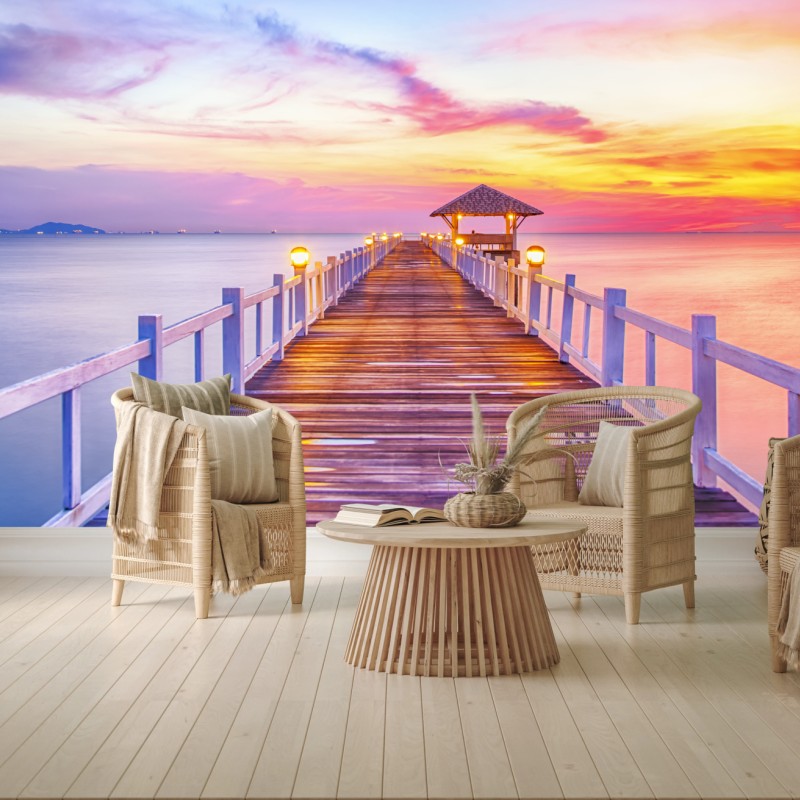 Carta da parati tramonto sul molo: vista serena sul mare