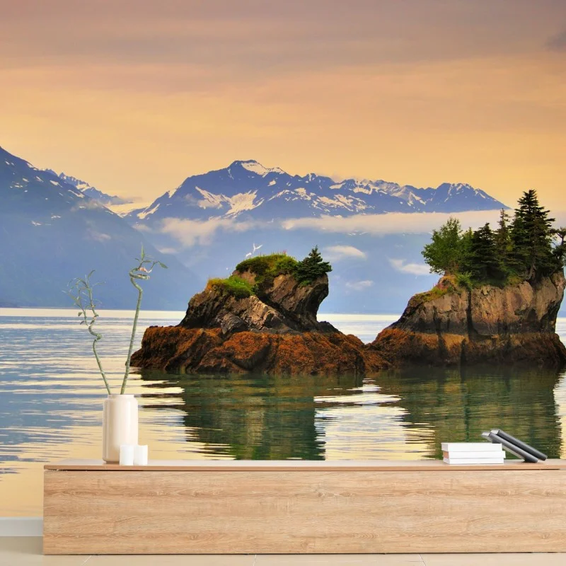 Carta da parati riflessi di isolotti al tramonto