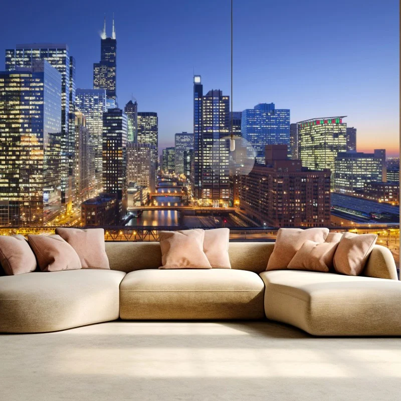 Carta da parati skyline notturno di Chicago sul fiume