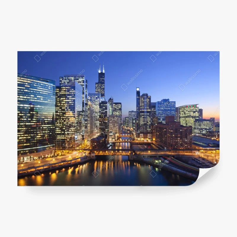Carta da parati skyline notturno di Chicago sul fiume
