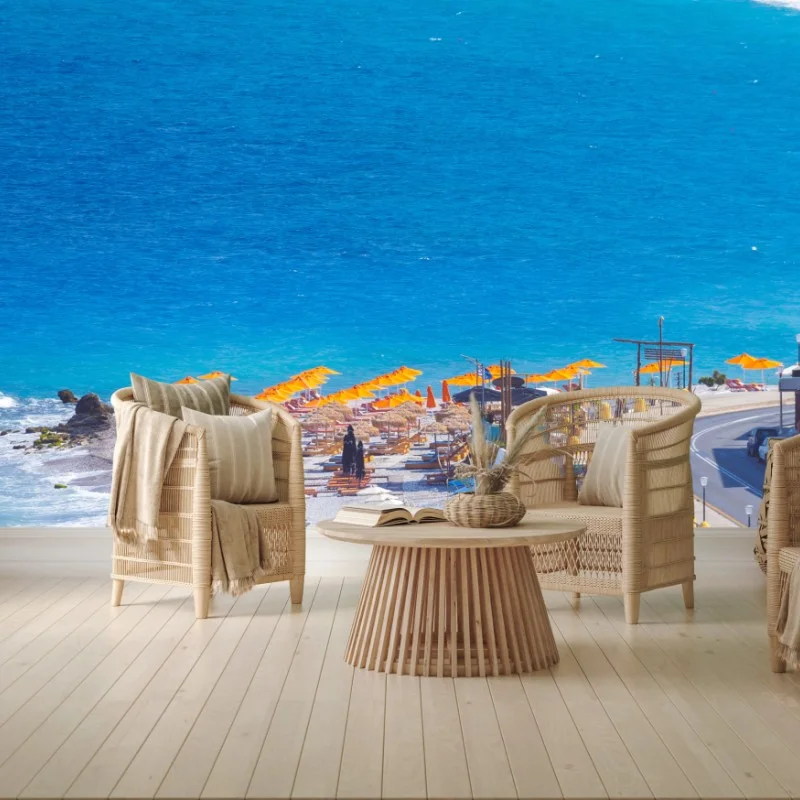 Carta da parati spiaggia di Rodi con ombrelloni arancioni