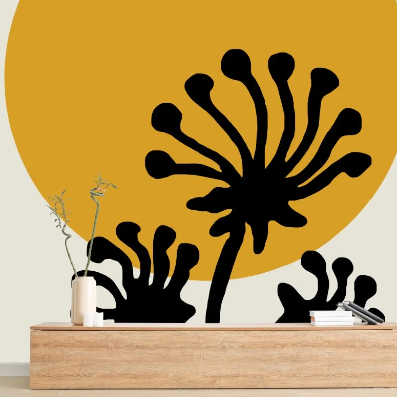 Carta da parati sole dorato e fiori in silhouette