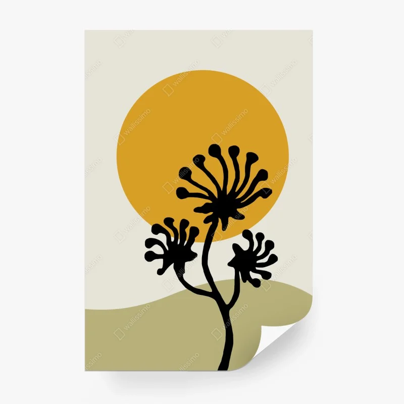 Carta da parati sole dorato e fiori in silhouette